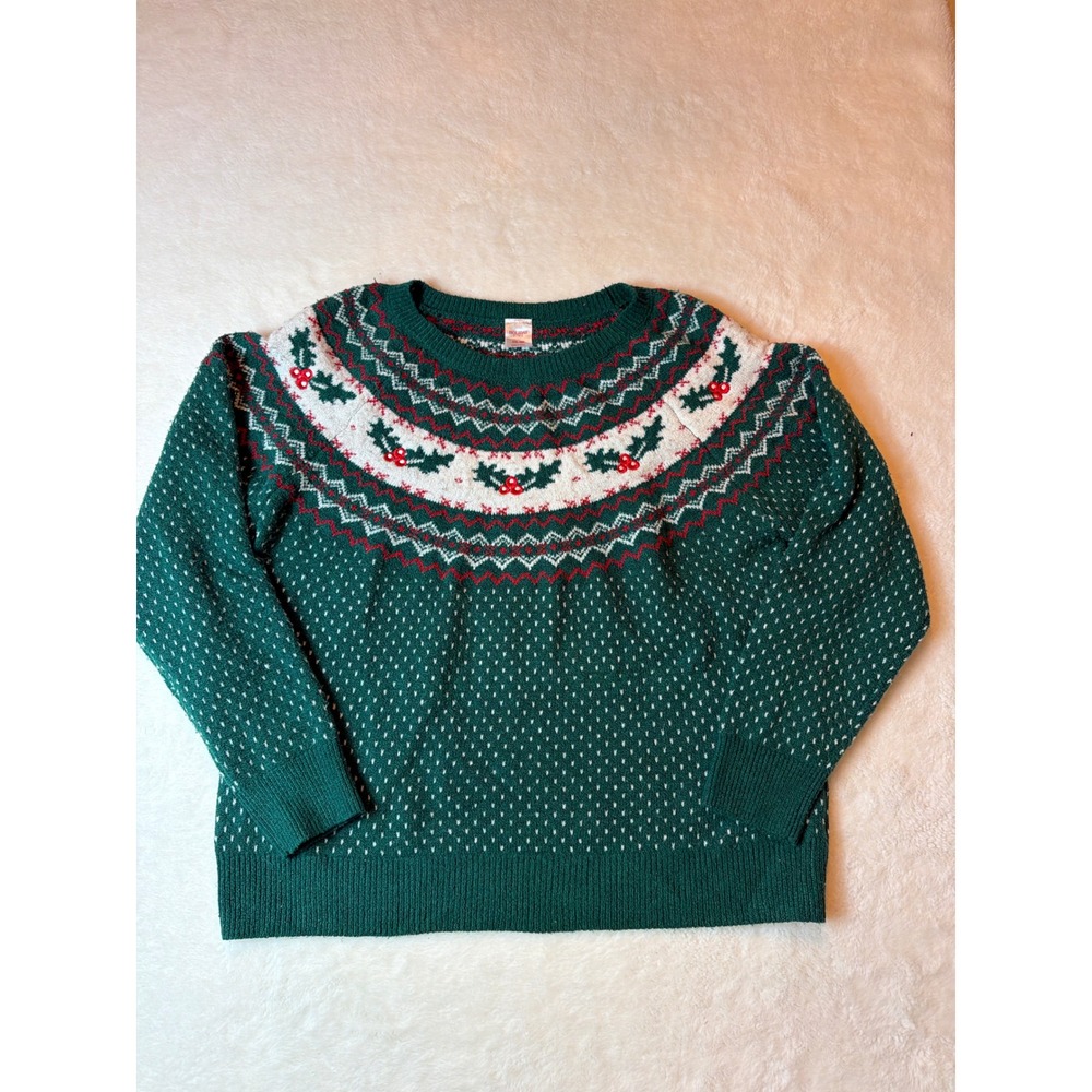 Holiday Time Womens XXL Green Fair Isle Holly Berry Christmas Sweater Pullover